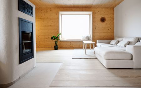 Helles Wohnzimmer mit weissem Ecksofa, kleinem Holztisch, gruener Topfpflanze und Kamin mit schwarzer Tuer.