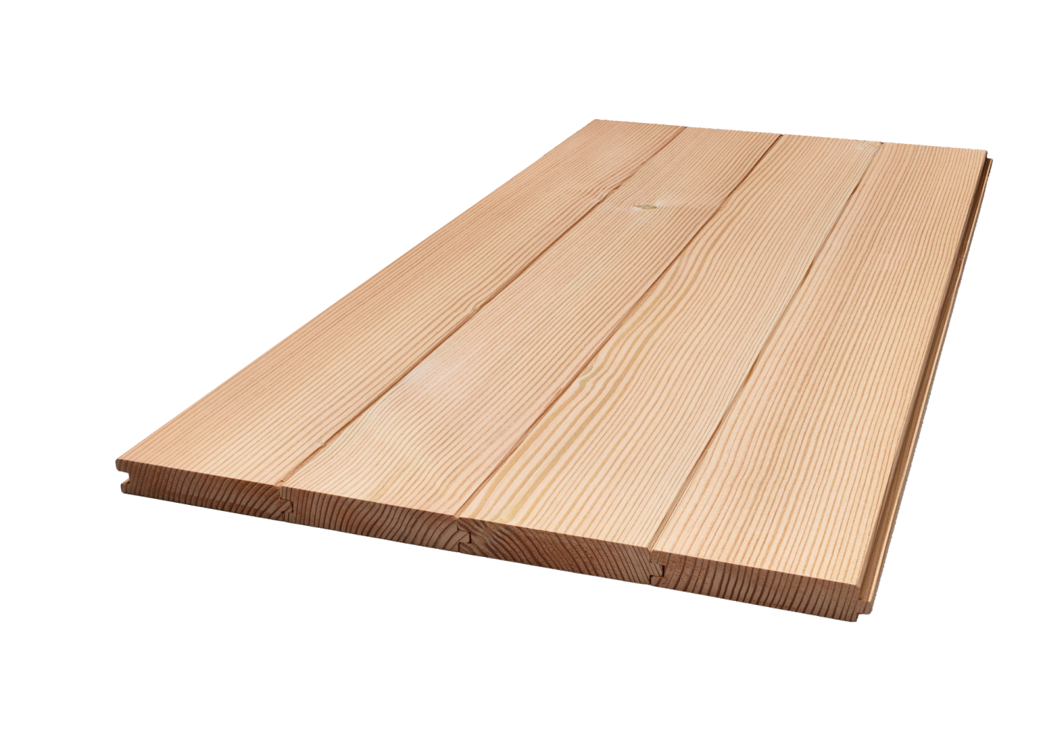 Quatre lames de parquet en Douglas clair, emboîtées les unes dans les autres sur un fond blanc. Les lames sont étroites et présentent de fins cernes de croissance.