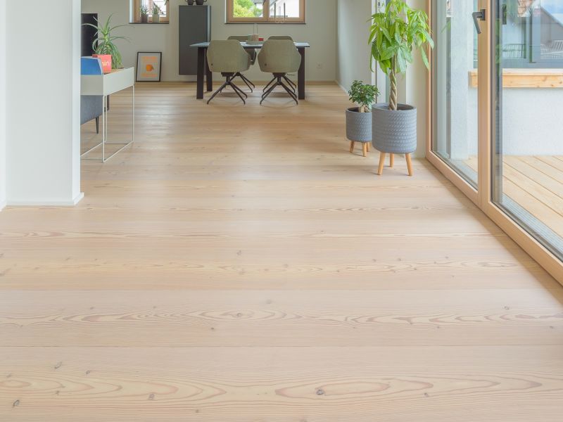 Larch wood floors in a room with large windows, potted plants, and a table with chairs in the background.
