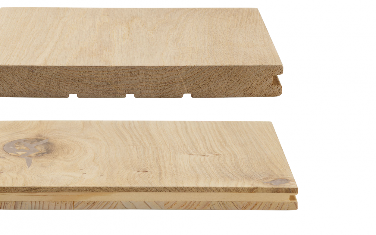 Construction of a solid plank and a three-layered engineered floorboard