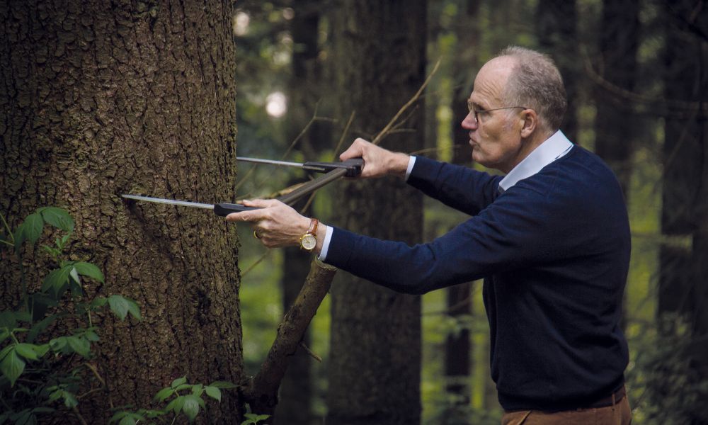 Fabian von Saucken in a dark blue sweater measures a tree trunk in the forest.