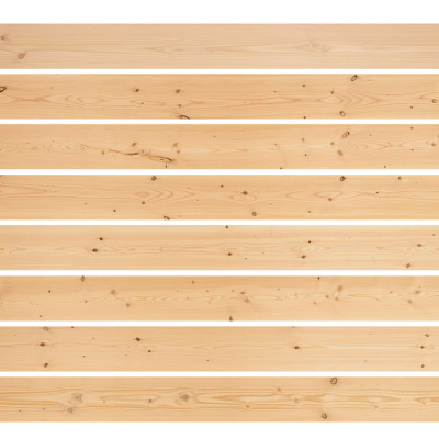 Mehrere parallele Dielen mit sichtbarer Maserung und Ästen, horizontal angeordnet.