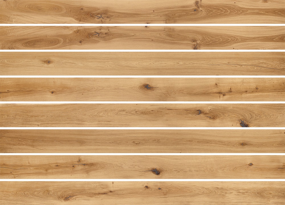 Several parallel oak planks with visible grain and knots, arranged horizontally.