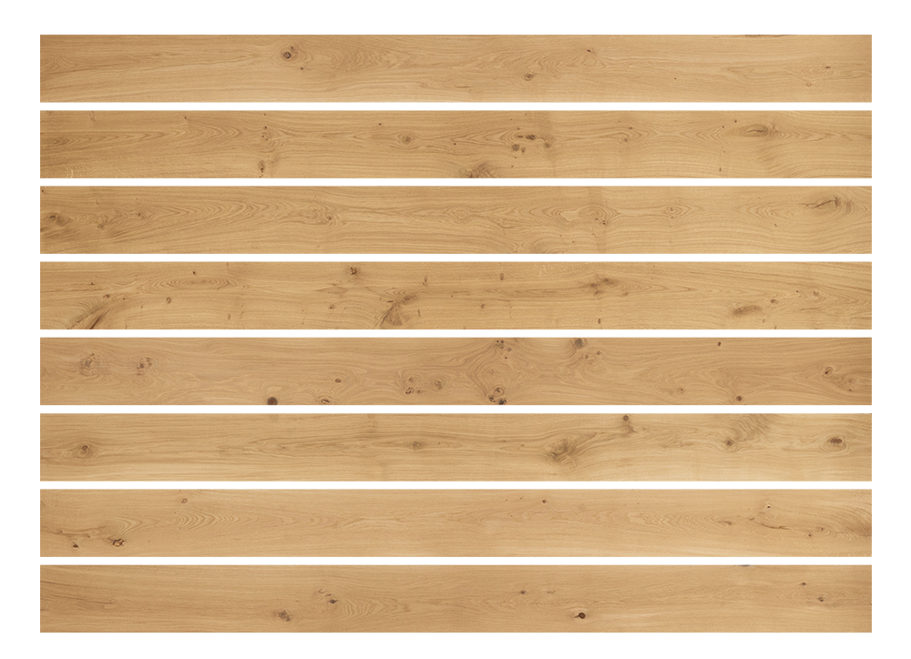 Plusieurs lames paralleles avec veinage et noeuds visibles, disposees horizontalement.