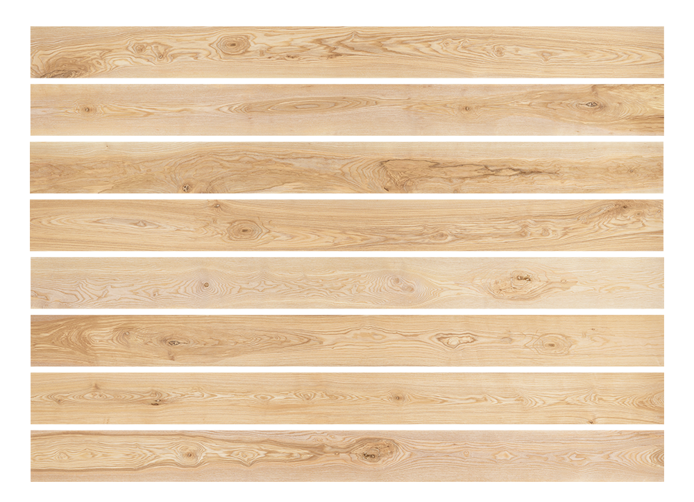 Mehrere parallele Dielen mit sichtbarer Maserung und Ästen, horizontal angeordnet.