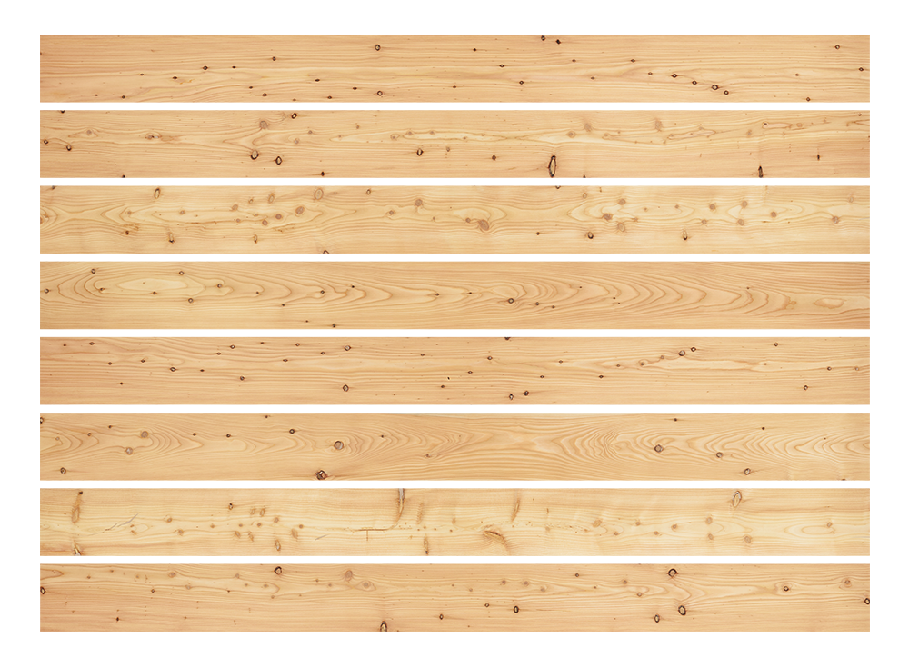Mehrere parallele Dielen mit sichtbarer Maserung und Ästen, horizontal angeordnet.