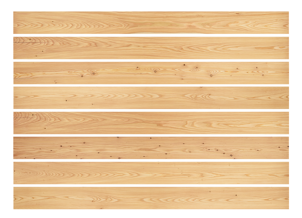 Mehrere parallele Dielen mit sichtbarer Maserung und Ästen, horizontal angeordnet.