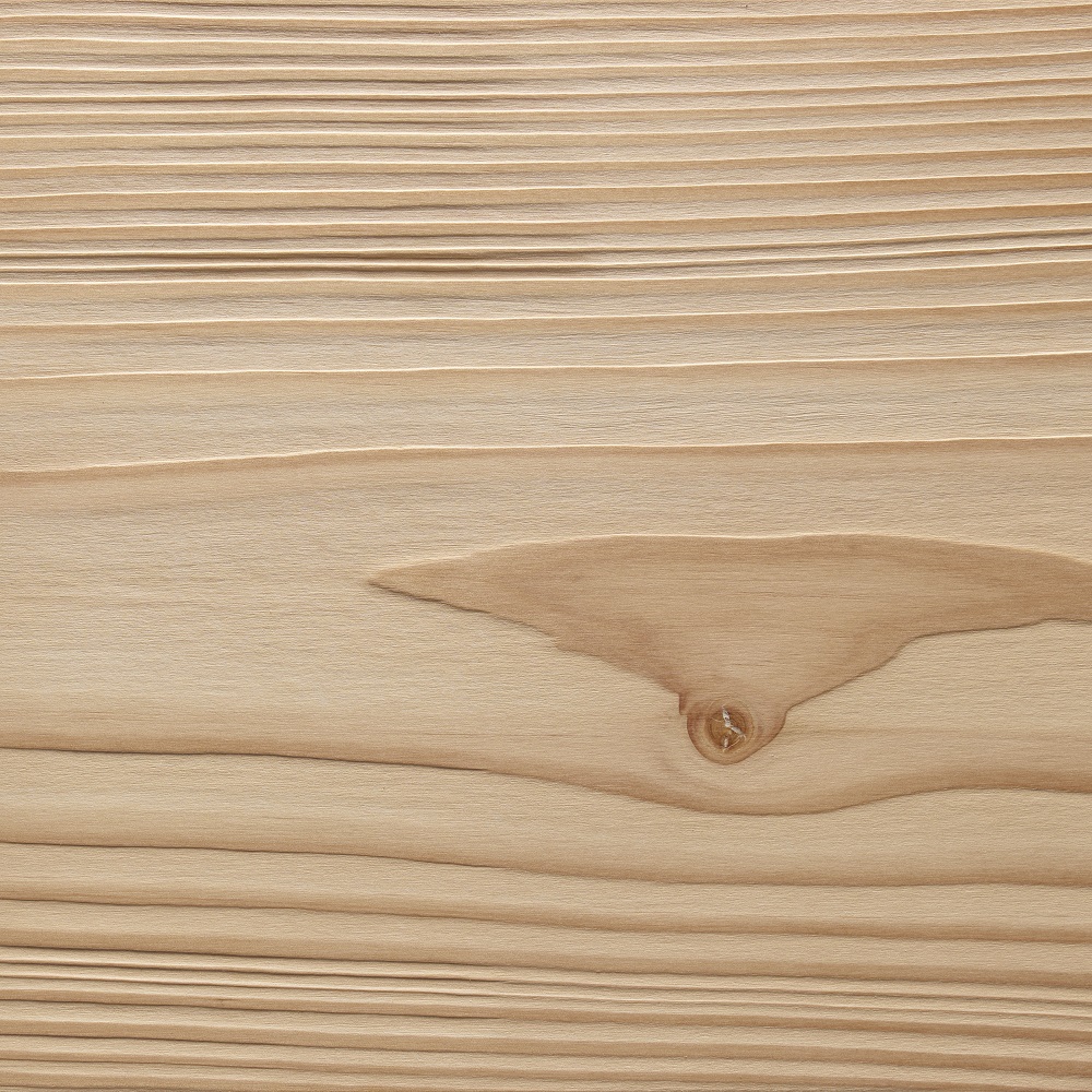 Gros plan d’une surface en bois de Douglas avec finition moyennement brossée, veinage visible et un nœud prononcé.