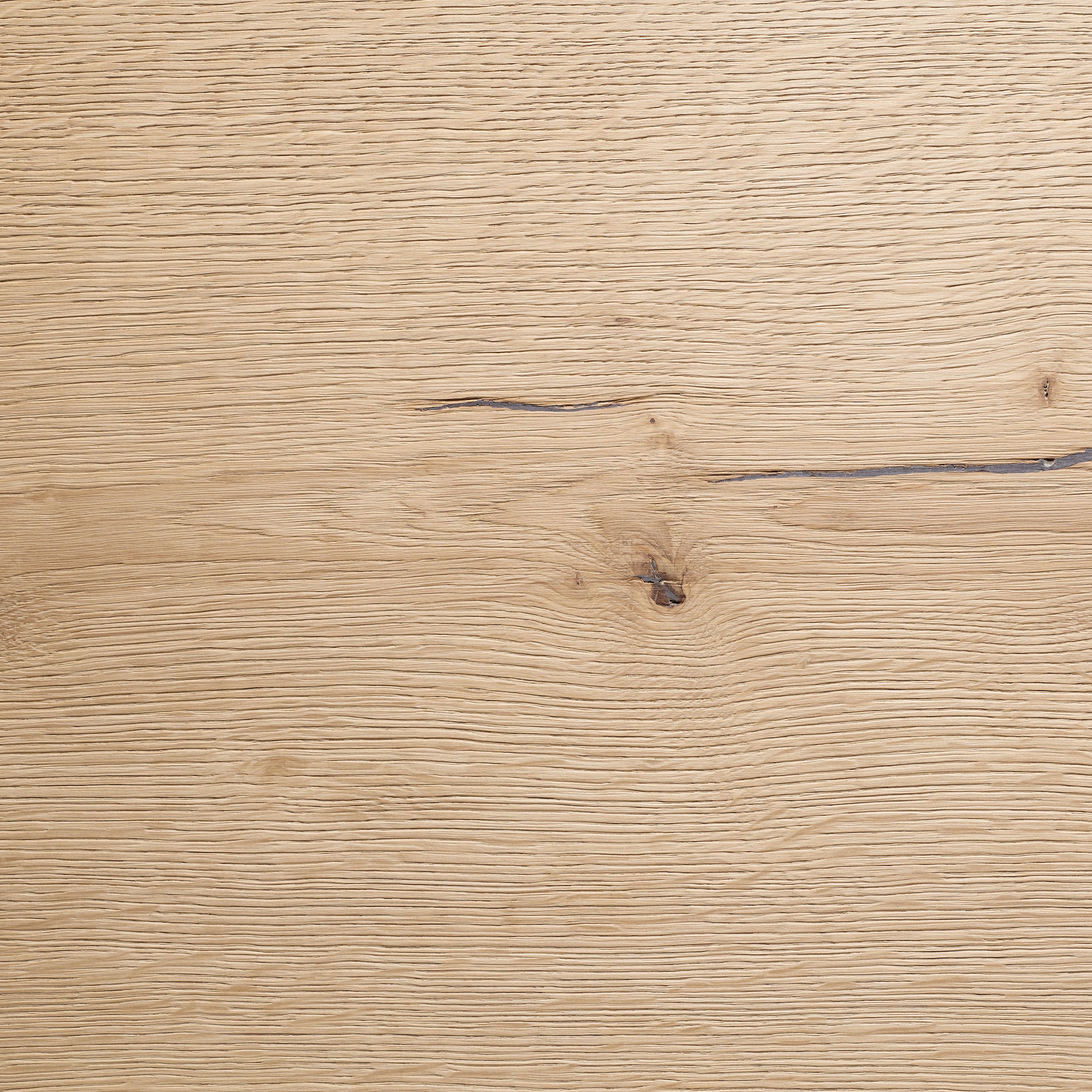Oak plank flooring with a brushed texture, featuring a clearly visible grain and individual natural knots.